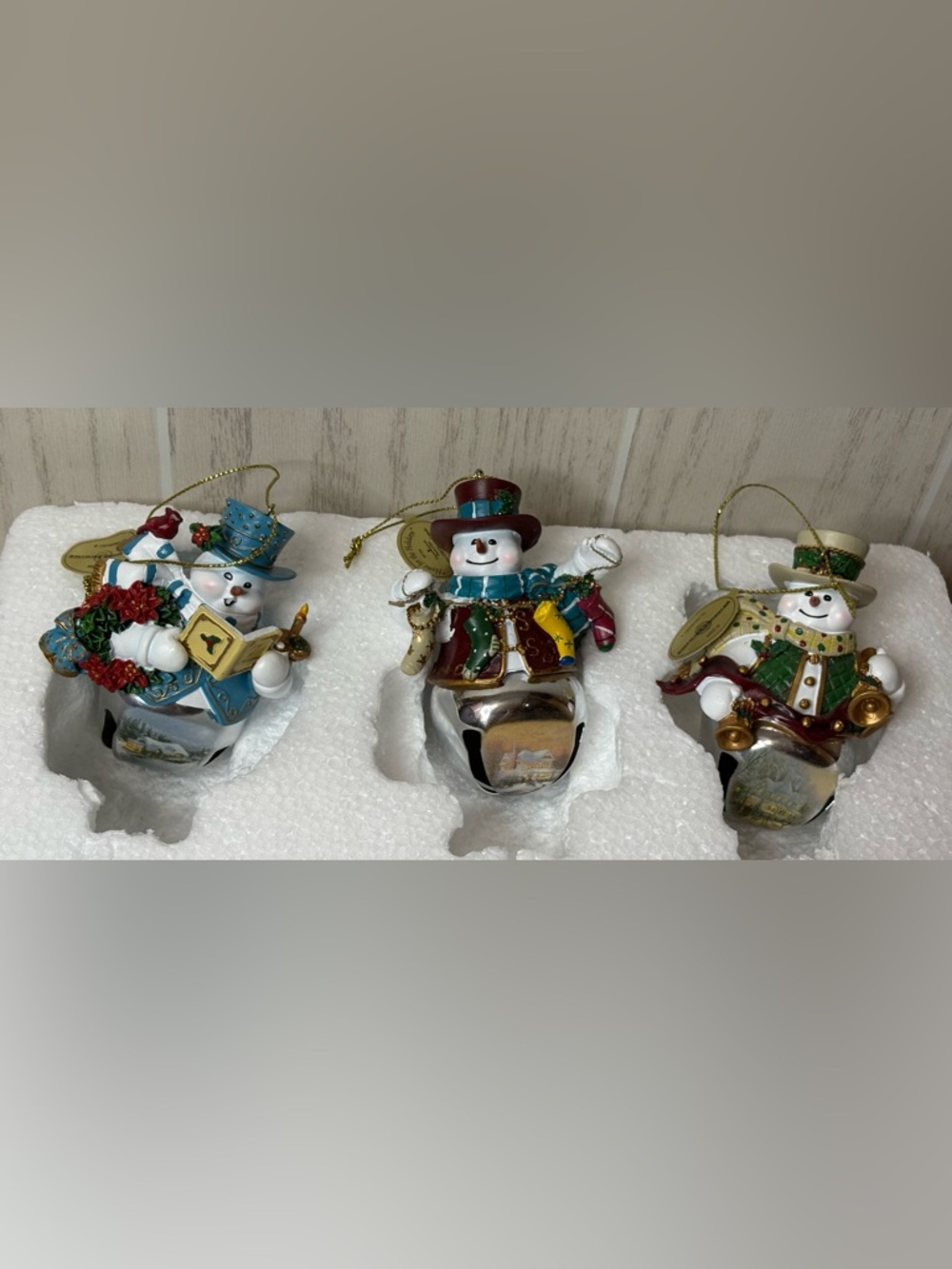 Thomas Kinkade 3 in Set Snow-Bell Holidays Snowman Ornament Collection 3.5" New